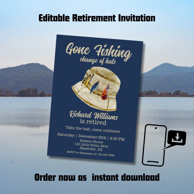 Retirement Gone Fishing Retired Fisherman Hat Invitation (Creator Uploaded)
