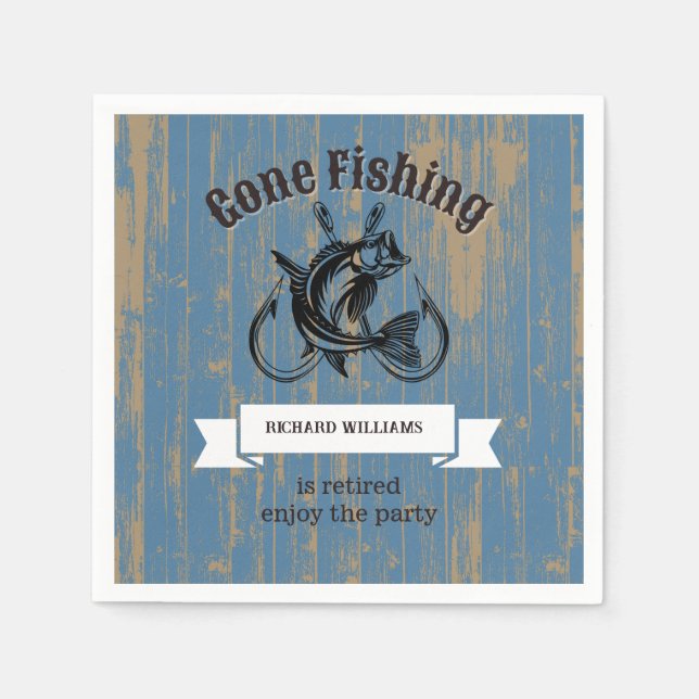 Retirement Gone Fishing Retired Rustic Wood Napkins (Front)
