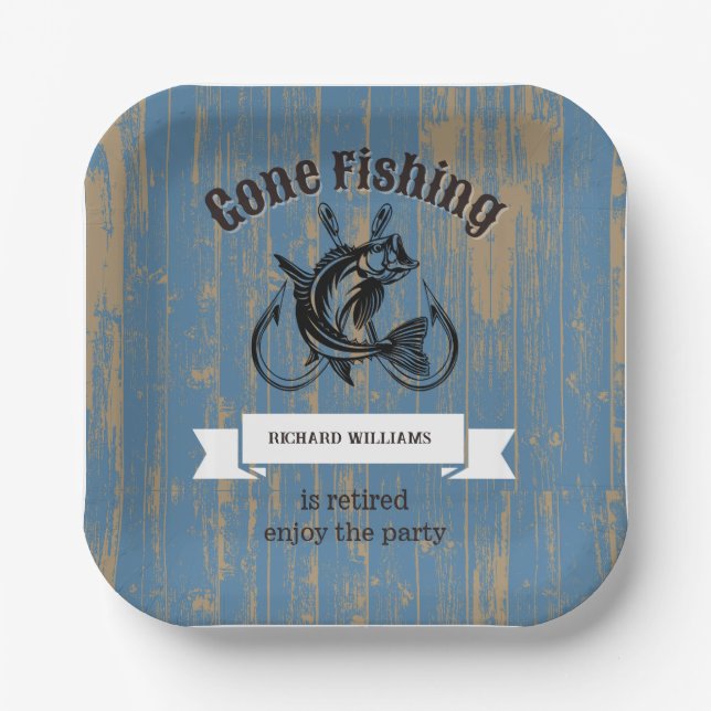 Retirement Gone Fishing Retired Rustic Wood Paper Plates (Front)