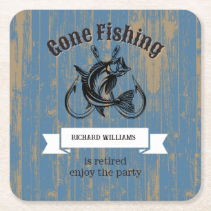 Retirement Gone Fishing Retired Rustic Wood Square Paper Coaster