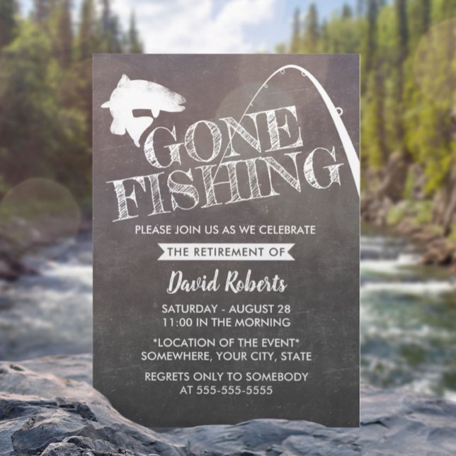Retirement Gone Fishing Rustic Chalkboard Invitation (Creator Uploaded)