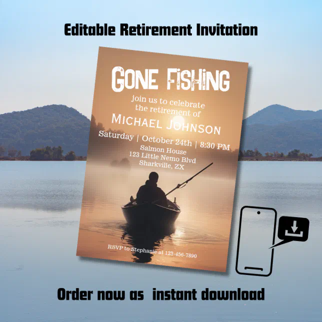 Retirement Gone Fishing Sunrise Retired Fisherman Invitation | Zazzle