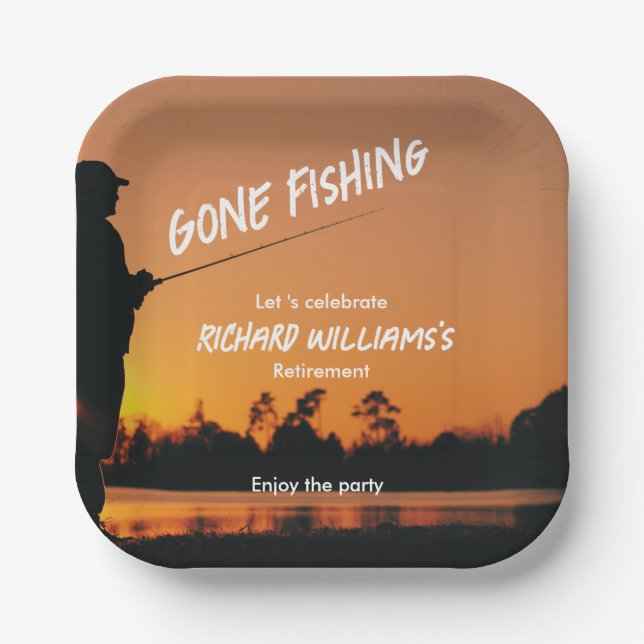 Retirement Gone Fishing Sunset Retired Fisherman Paper Plates (Front)