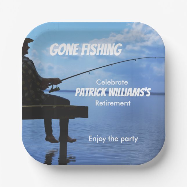 Retirement Gone Fishing Sunset Retired Fisherman Paper Plates (Front)
