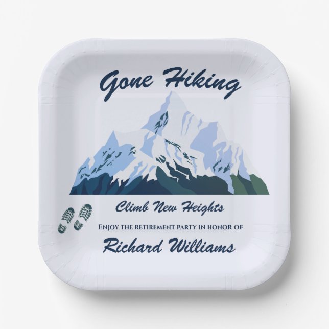 Retirement Gone Hiking Snowy Mountains Happy Trail Paper Plates (Front)