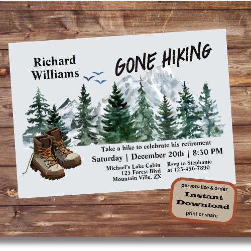 Retirement Gone Hiking to the Mountains Outdoors  Invitation