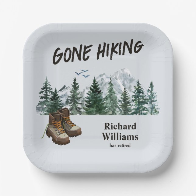 Retirement Gone Hiking to the Mountains Outdoors  Paper Plates (Front)