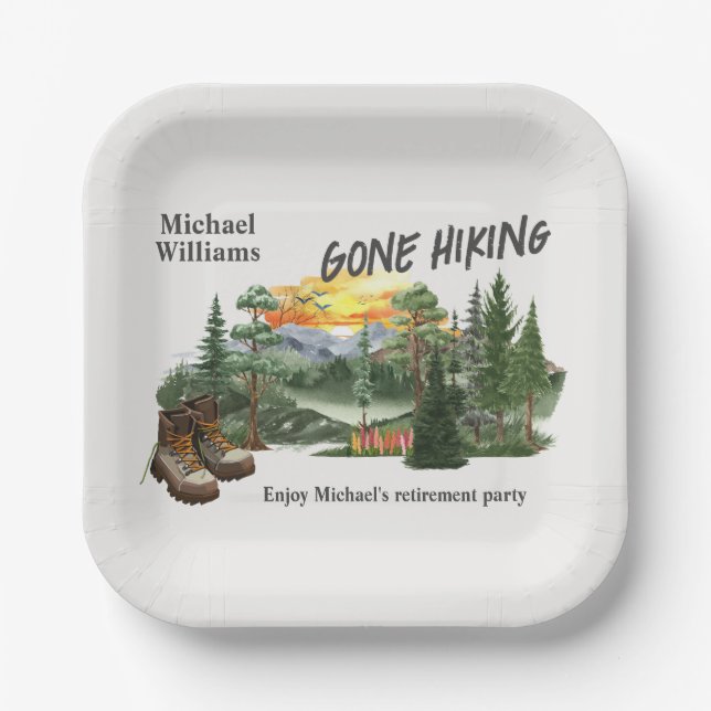 Retirement Gone Hiking to the Mountains Sunrise    Paper Plates (Front)