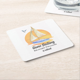 Retirement Gone Sailing Sailboat Sunset Watercolor Square Paper Coaster