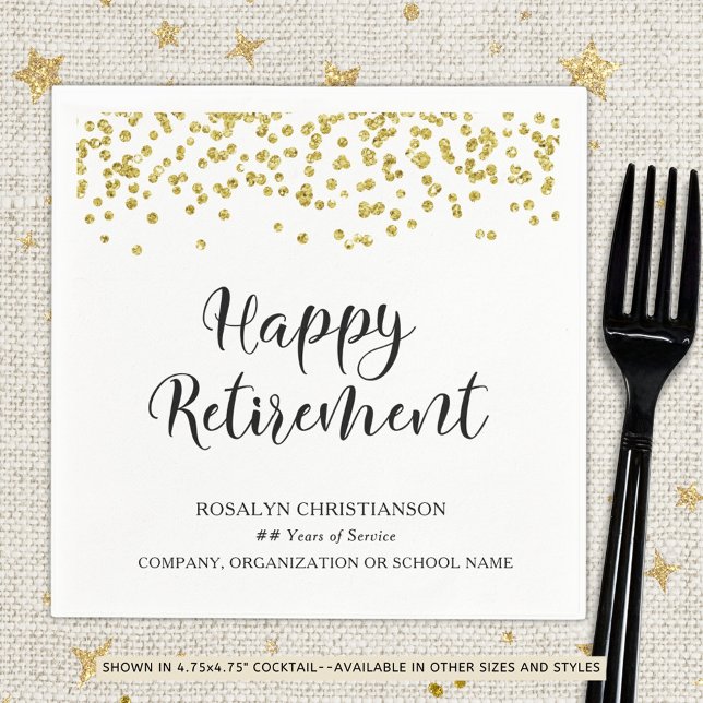 RETIREMENT Handwritten Script Gold Confetti Name Napkins (Creator Uploaded)