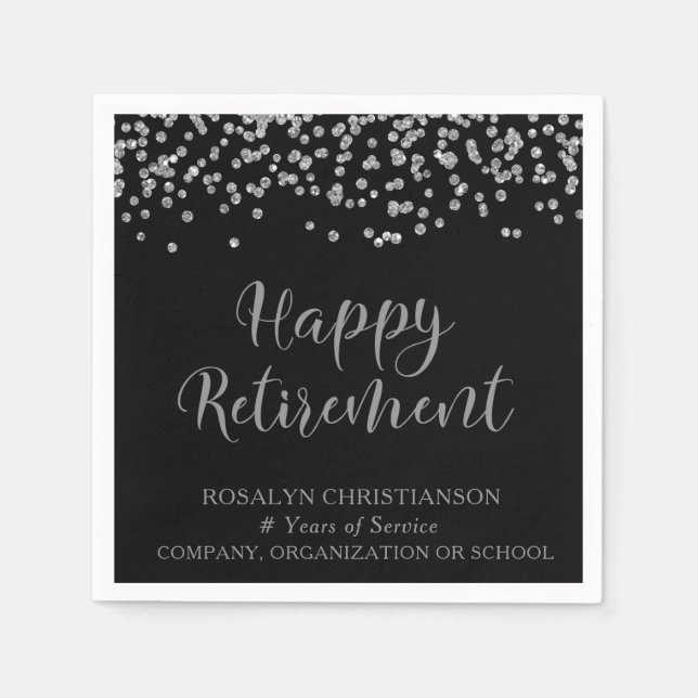 RETIREMENT Handwritten Script Silver Confetti Name Napkins (Front)