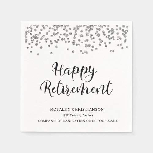 RETIREMENT Handwritten Script Silver Confetti Name Napkins