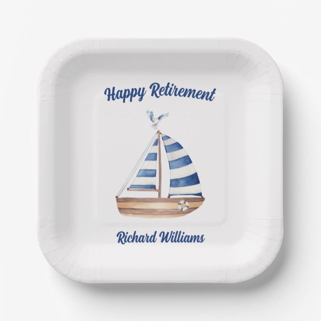 Retirement Happy Retirement Sailboat Watercolor Paper Plates (Front)
