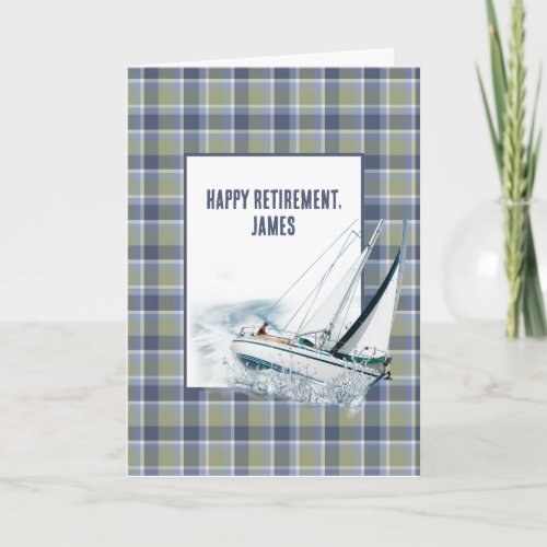 Retirement Heeling Sailboat On Plaid Card