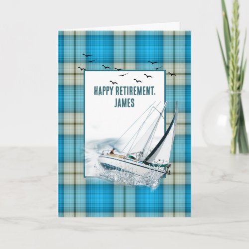 Retirement Heeling Sailboat On Plaid Card