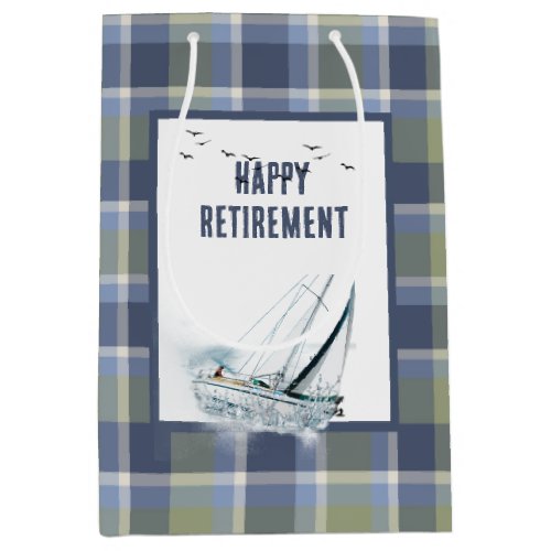 Retirement Heeling Sailboat On Plaid Medium Gift Bag