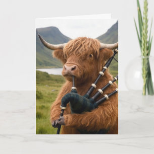 Retirement Highland Cow Playing the Bagpipes Card