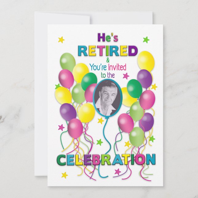 Retirement Invitation Festive, balloons & Photo  (Front)