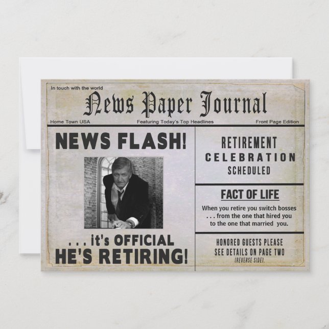 Retirement Invitation-NewspaperPHOTO/ Personalize Invitation (Front)
