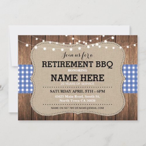 Retirement Invite BBQ Retired Party Blue Gingham