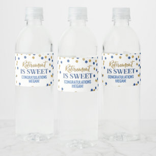 Retirement is sweet Blue Gold Confetti Water Bottle Label
