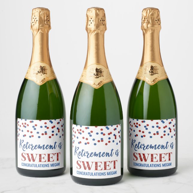 Retirement is Sweet Blue Red Confetti Sparkling Wine Label (Bottles)