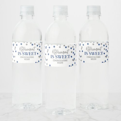 Retirement is Sweet Blue Silver Confetti Water Bottle Label