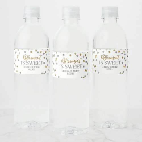 Retirement is Sweet Gold Silver Confetti Water Bottle Label