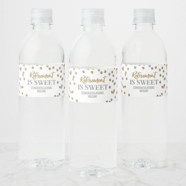 Retirement is Sweet Gold Silver Confetti Water Bottle Label (Bottles)