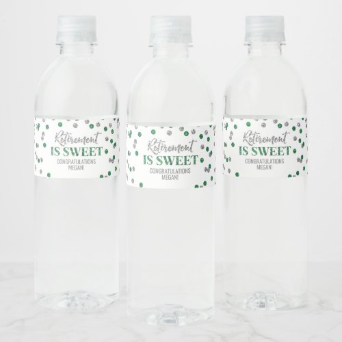 Retirement is sweet Green Silver Confetti Water Bottle Label