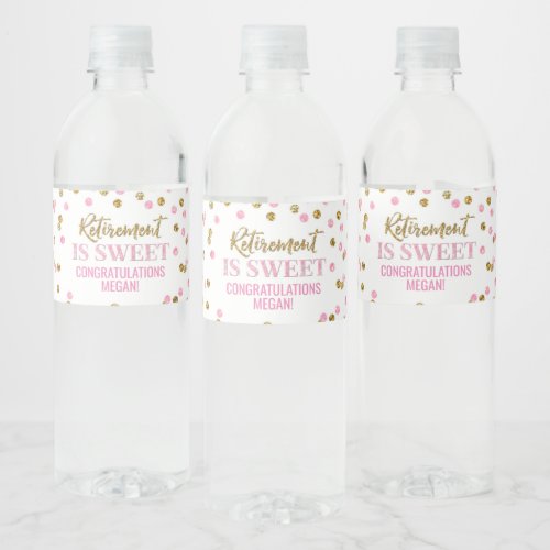 Retirement is sweet Pink Gold Confetti Water Bottle Label