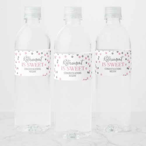 Retirement is Sweet Pink Silver Confetti Water Bottle Label
