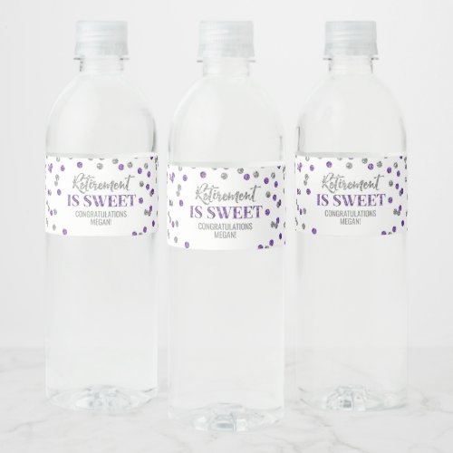 Retirement is Sweet Purple Silver Confetti Water Bottle Label