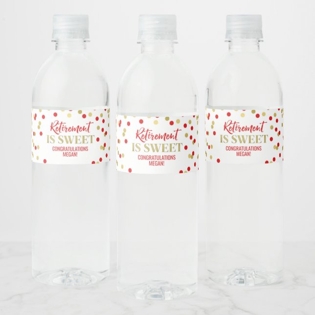 Retirement is sweet Red Gold Confetti Water Bottle Label (Bottles)