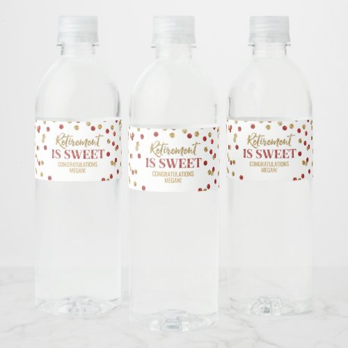 Retirement is sweet Red Gold Confetti Water Bottle Label