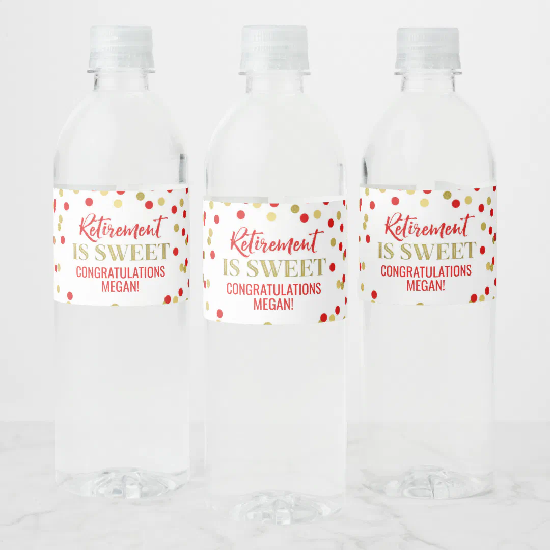 Retirement is sweet Red Gold Confetti Water Bottle Label (Bottles)