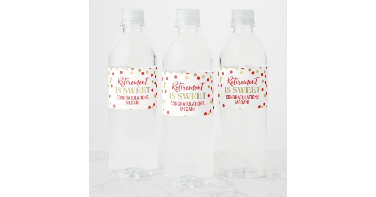 Retirement is sweet Red Gold Confetti Water Bottle Label | Zazzle.com