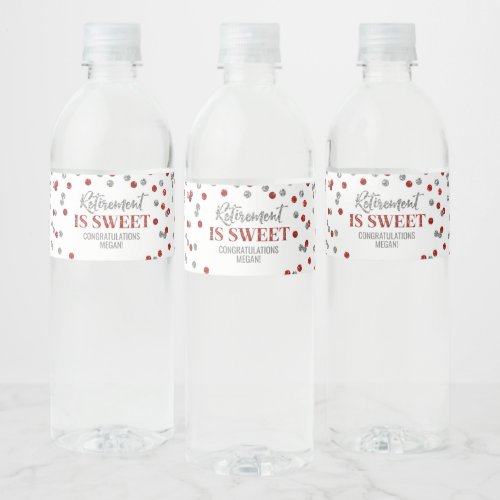 Retirement is Sweet Red Silver Confetti Water Bottle Label