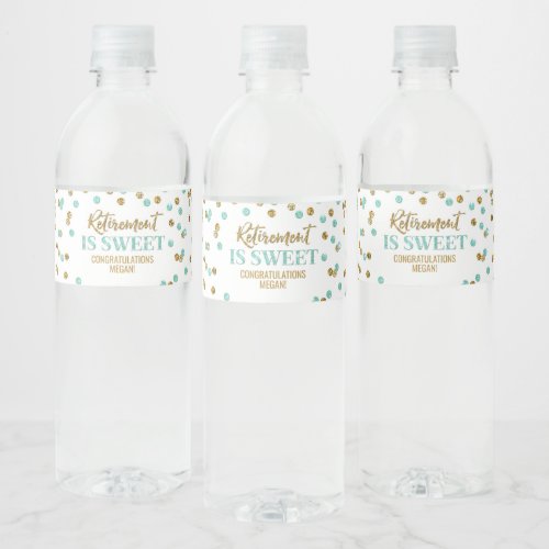 Retirement is sweet Turquoise Gold Confetti Water Bottle Label