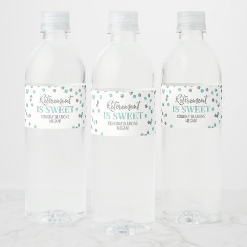Retirement is Sweet Turquoise Silver Confetti Water Bottle Label