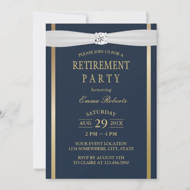 Retirement Ivory Ribbon Elegant Navy Blue & Gold Invitation (Front)