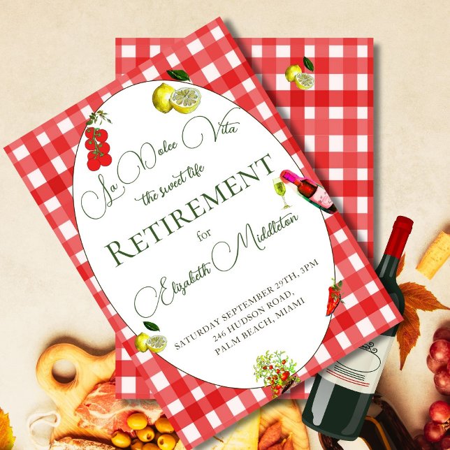  Retirement La Dolce Vita Red Checkered Lemon  Invitation (Creator Uploaded)