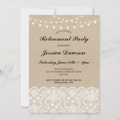 Retirement Lace  Burlap Pretty String Lights Invitation