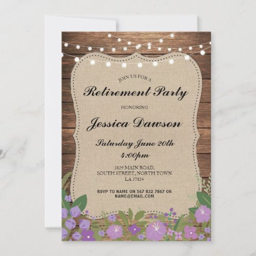 Retirement Lace  Burlap Purple Floral Flower Invitation