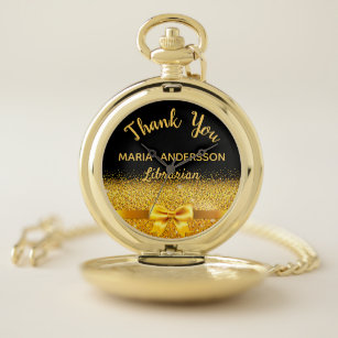 Retirement librarian black gold bow thank you pocket watch