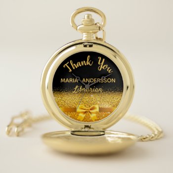 Retirement Librarian Black Gold Bow Thank You Pocket Watch by Thunes at Zazzle