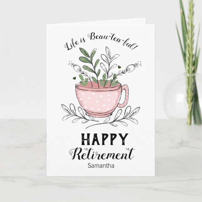 A retirement card with a pink mug design.