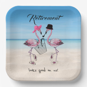 Retirement looks good on us! Flamingo on Beach Paper Plates
