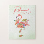 Retirement looks good on you! Tropical Flamingo Jigsaw Puzzle<br><div class="desc">Put a smile on someone's face with this beautiful and funny retirement themed jigsaw puzzle. The design features a pink flamingo all dressed up in colorful tropical flowers and wearing flip flops. The funny saying reads, "Retirement looks good on you!" Background is a contemporary pale green color. Available in various...</div>