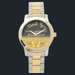 Retirement Makeup artist black gold thank you Watch<br><div class="desc">Elegant,  classic,  glamorous and feminine. A gift for a retired Makeup Artist.  A faux gold colored bow and ribbon with golden glitter and sparkle,  a bit of bling and luxury. Black background. With the text: Thank You,  templates for a name and occupation,  profession.</div>